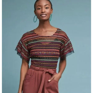 Anthropologie Maeve Naples Embroidered Mesh Blouse Sheer Embroidered Rainbow XL